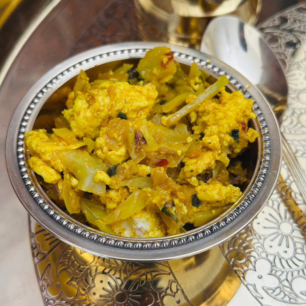 Traditional Indian vegan main course Cabbage and Tofu Sabzi.