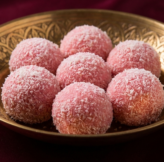 Premium authentic Indian sweet Coconut Khoya Ladoo served elegantly for a festive celebration.