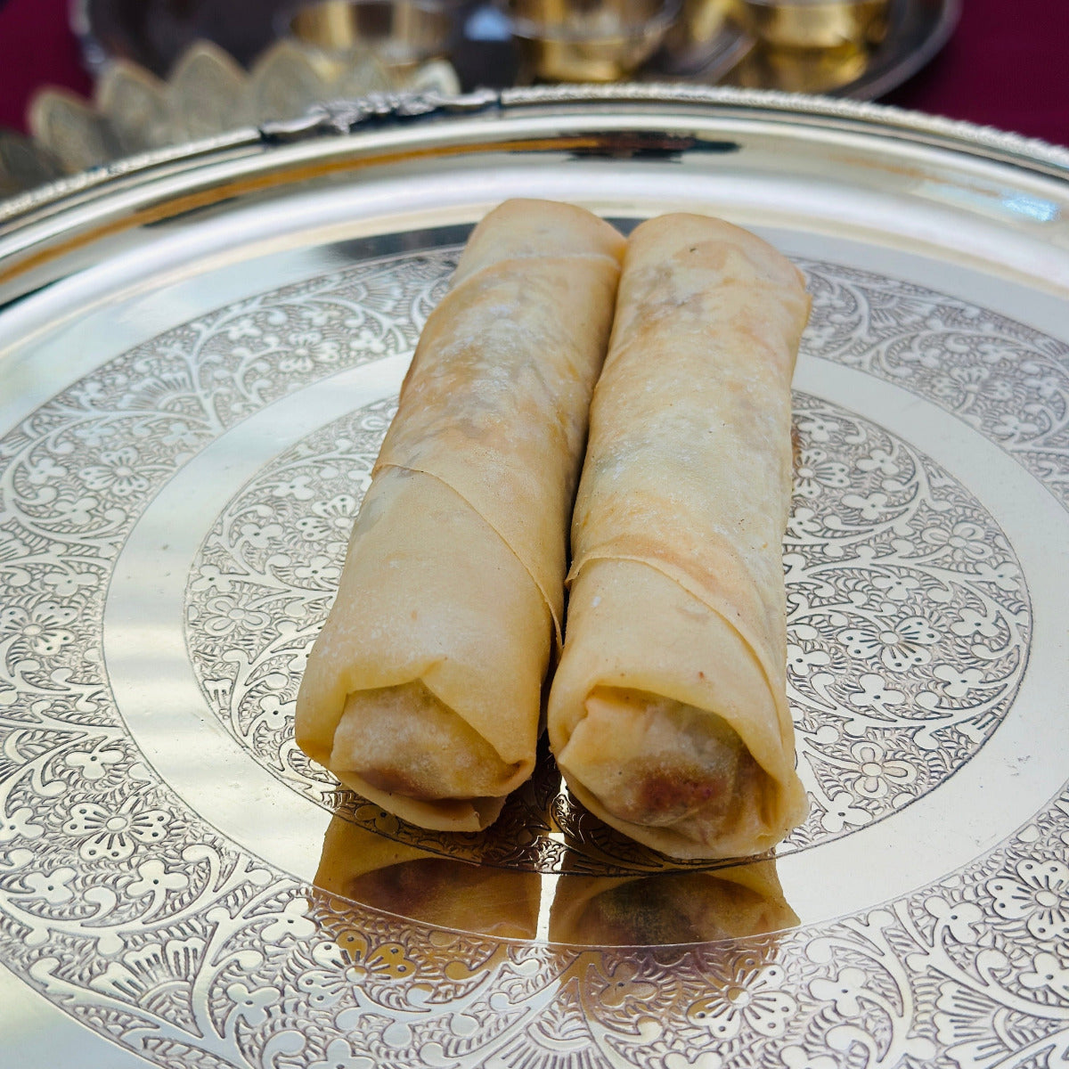 Royal Ruby Vegetable Spring Rolls – crispy golden fried rolls with spiced vegetable filling, 2 pieces per serving