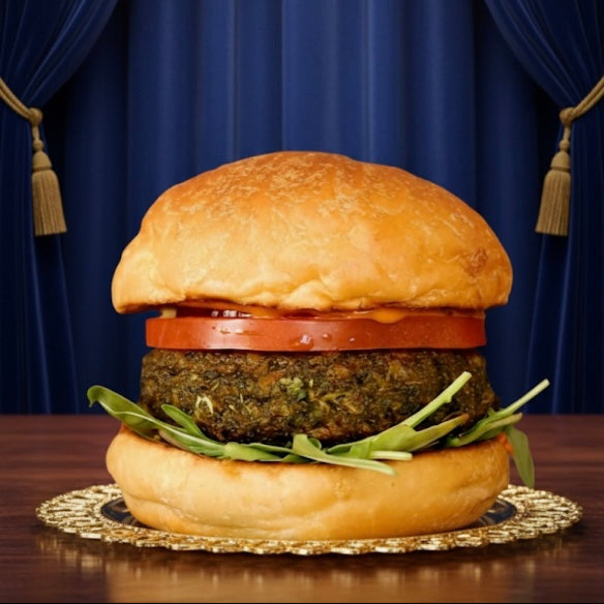 Royal Ruby's eggless vegetarian burger with signature sauce, served alongside crispy Indian masala fries.