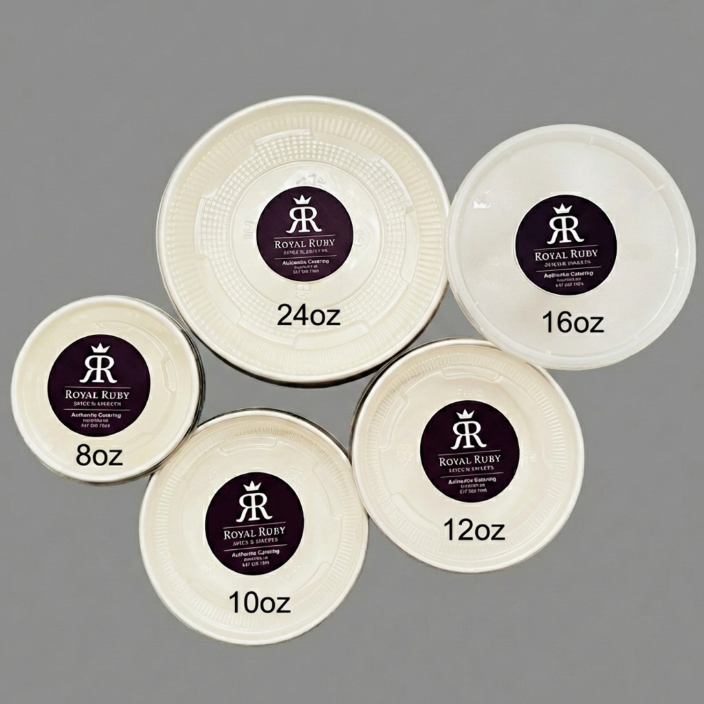 Royal Ruby branded dahi containers in sizes 8oz, 10oz, 12oz, 16oz and 24oz – fresh handmade yogurt add-on for tiffin