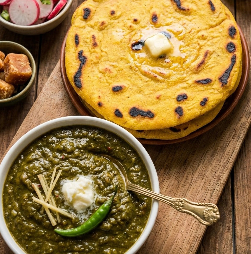 A comforting bowl of traditional Punjabi sarson ka saag paired with freshly cooked, golden-yellow makki ki roti.
