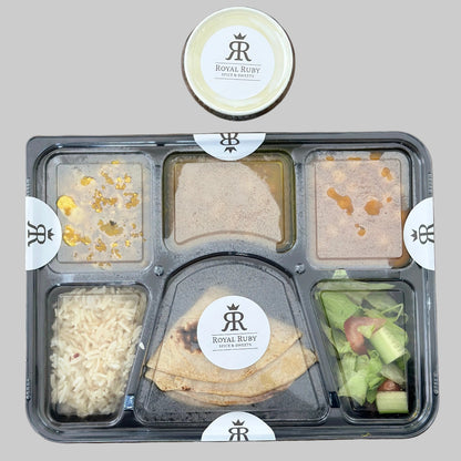 Royal Ruby Large Thali – generous complete Indian meal platter with multiple dishes, daal, roti, rice and dessert