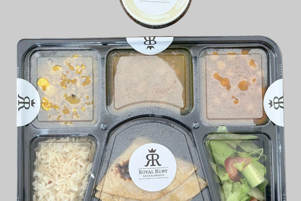 Royal Ruby Large Thali – generous complete Indian meal platter with multiple dishes, daal, roti, rice and dessert