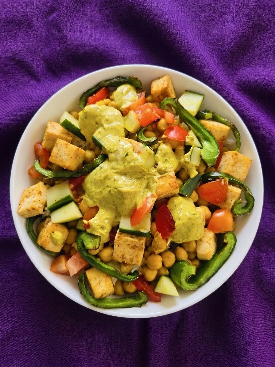 Royal Ruby vegetarian Protein Bowl with chana, peppers, cucumber and house sauce